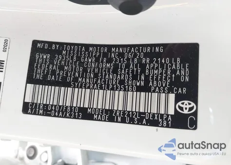 2020 Toyota Corolla Le z USA, uszkodzony, nr VIN 5YFEPRAE1LP135160